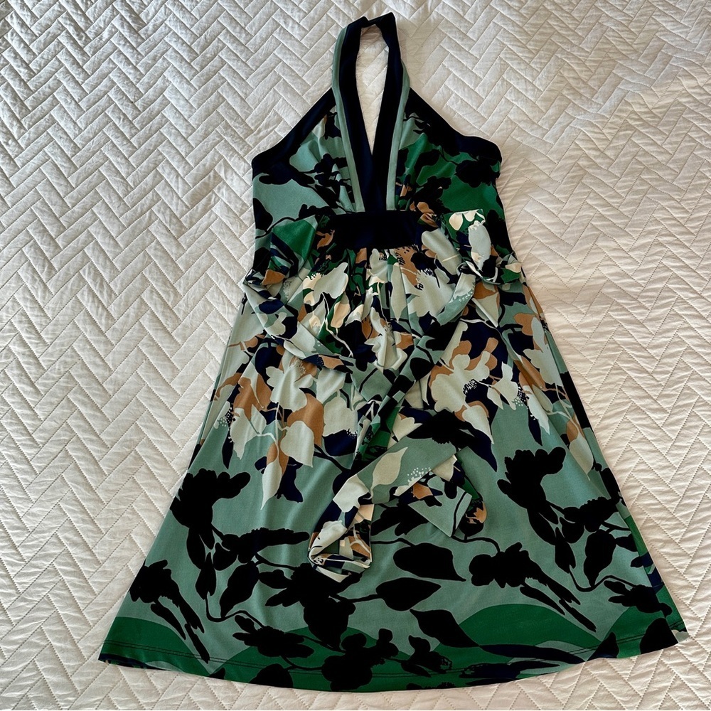 BCBGMAXAZRIA Halter Floral Fit & Flare Dress Sage Navy Resort Coastal Chic XS - Picture 11 of 16